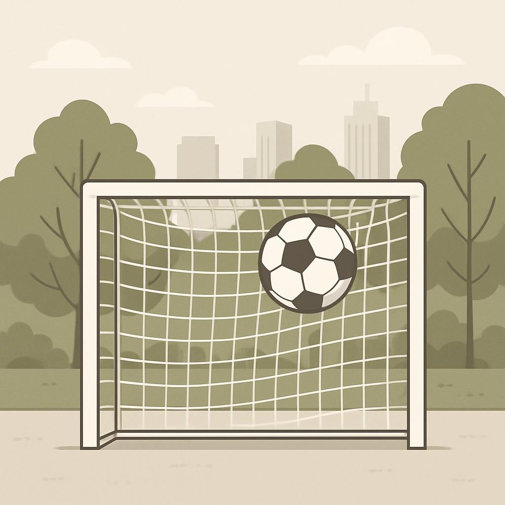 A soccer ball flies into a goal in an outdoor setting.