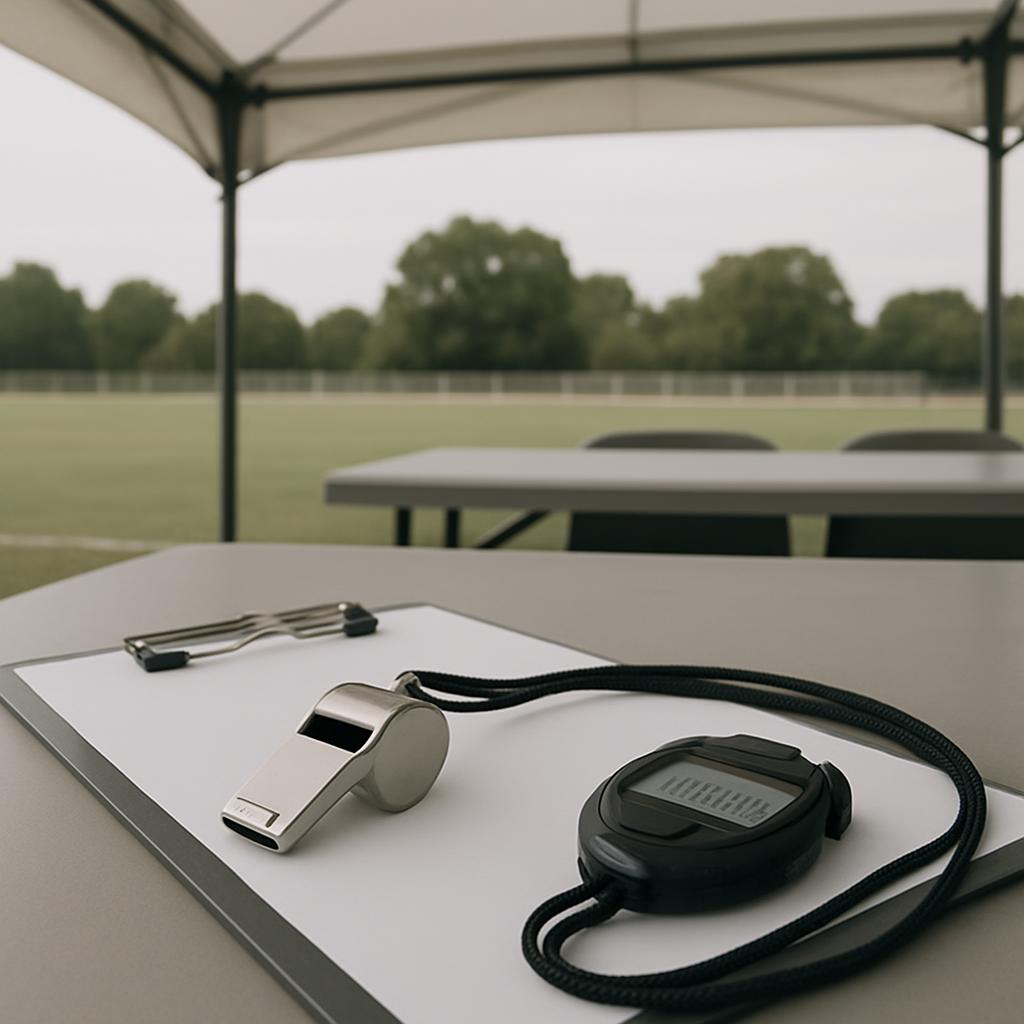 **Image Description** * The image depicts a whistle and stopwatch on top of a clipboard, which is grandstand area. * In th...