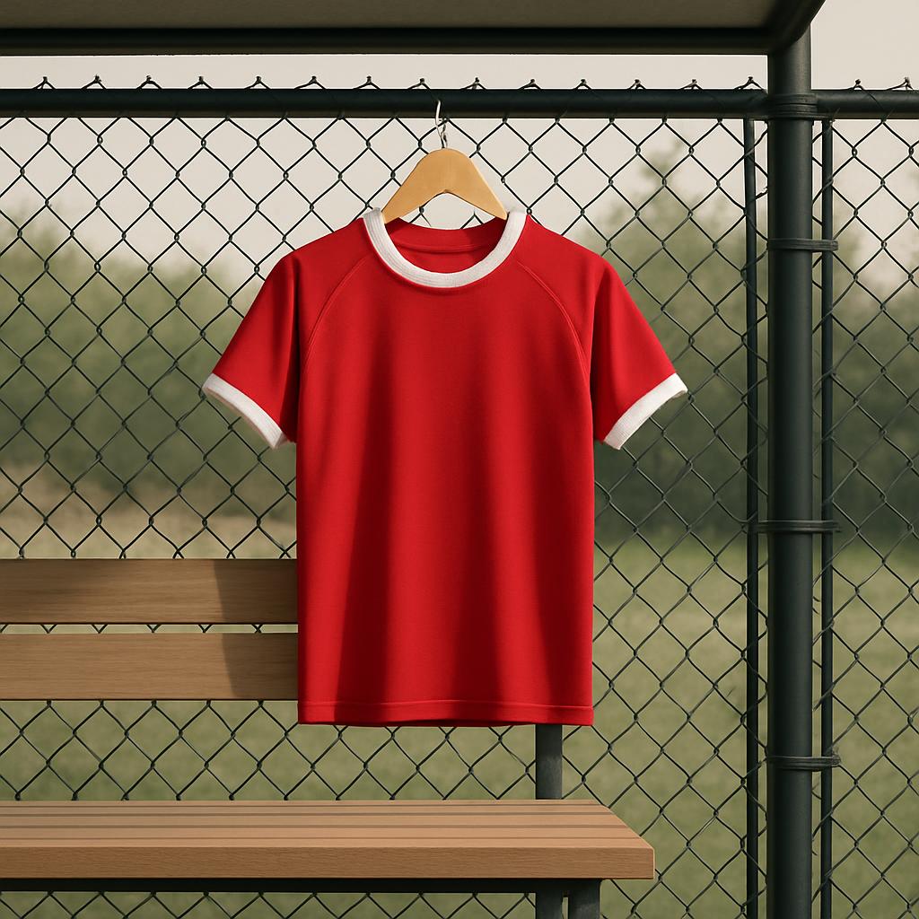 A red and white t-shirt hanging on a chain-link fence.