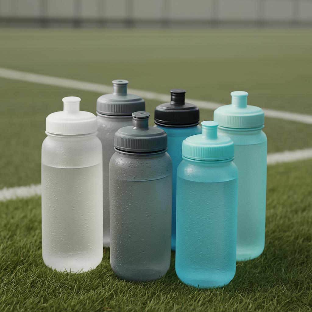 A group of five water bottles in various colors.